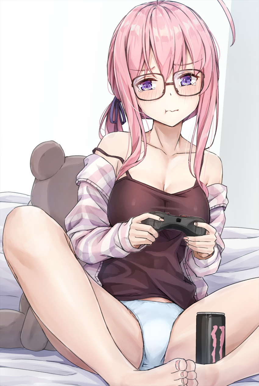 1girl :t ahoge bare_legs bare_shoulders barefoot blush breasts camisole can cleavage commentary_request controller game_controller glasses highres holding holding_controller holding_game_controller kotatsu_(kotatsu358) long_hair long_sleeves looking_at_viewer medium_breasts monster_energy original panties pink_hair ponytail purple_eyes sidelocks sitting solo strap_slip striped_jacket stuffed_animal stuffed_toy tearing_up tears teddy_bear underwear white_panties