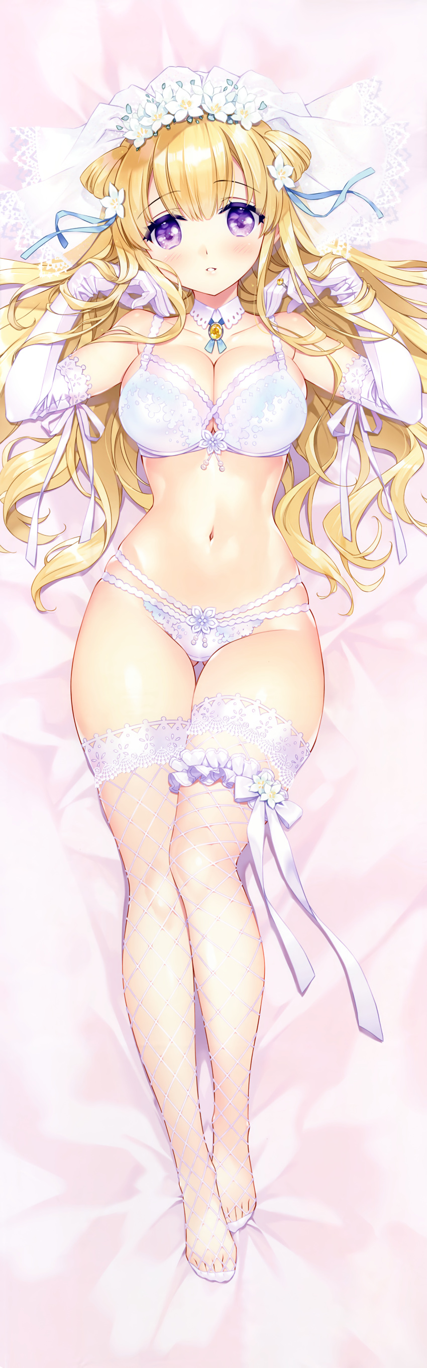 1girl absurdres ass_visible_through_thighs blonde_hair blue_eyes bra breasts carnelian cleavage dakimakura_(medium) detached_collar double_bun elbow_gloves fishnet_legwear fishnets fletcher_(kancolle) frilled_bra frills full_body gloves highres huge_filesize kantai_collection large_breasts lingerie long_hair looking_at_viewer multi-strapped_panties navel panties parted_lips purple_eyes scan solo thighhighs two_side_up underwear underwear_only white_bra white_gloves white_panties