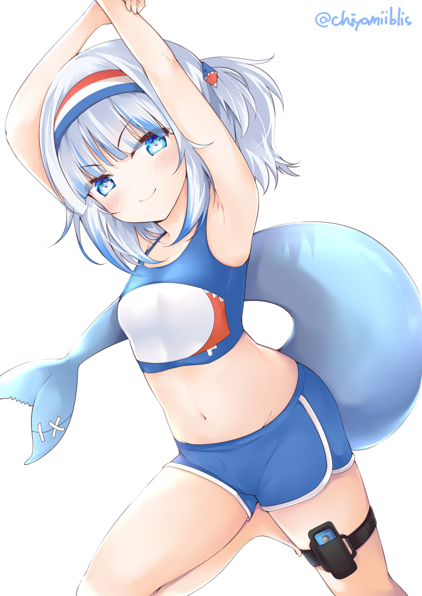 &gt;:) 1girl absurdres armpits arms_up bangs bare_arms bare_shoulders blue_eyes blue_hair blue_shorts blue_tank_top blush breasts chiyami closed_mouth commentary crop_top english_commentary eyebrows_visible_through_hair fish_tail gawr_gura headband highres hololive hololive_english long_hair looking_at_viewer midriff multicolored_hair navel ring_fit_adventure shark_tail short_shorts shorts silver_hair simple_background small_breasts smile solo streaked_hair tail tank_top twitter_username v-shaped_eyebrows virtual_youtuber white_background