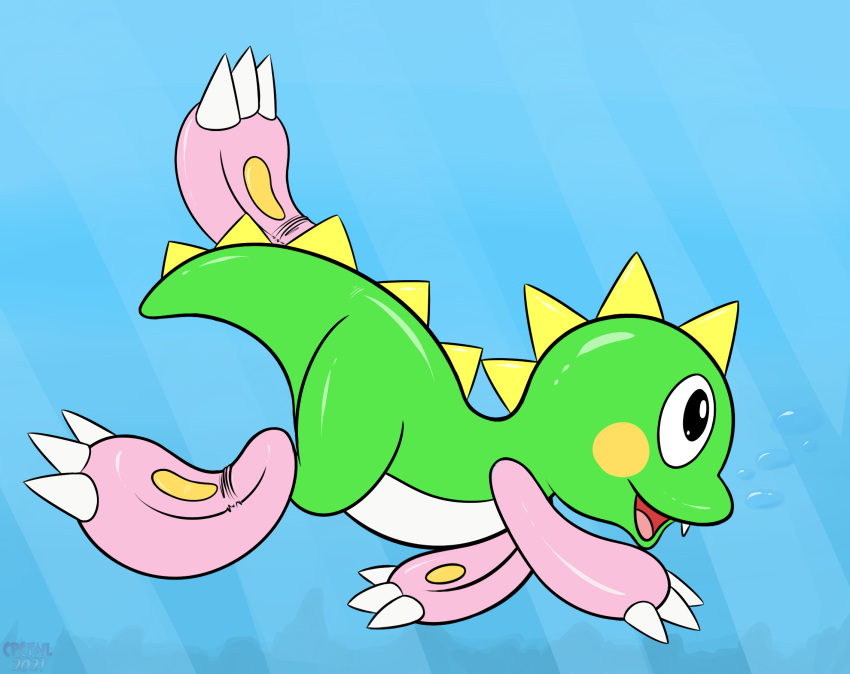 ambiguous_gender bub_(bubble_bobble) bubble bubble_bobble bubble_dragon cpctail dragon game_(disambiguation) green_body green_scales hi_res open_mouth paws scales solo swimming taito video_games