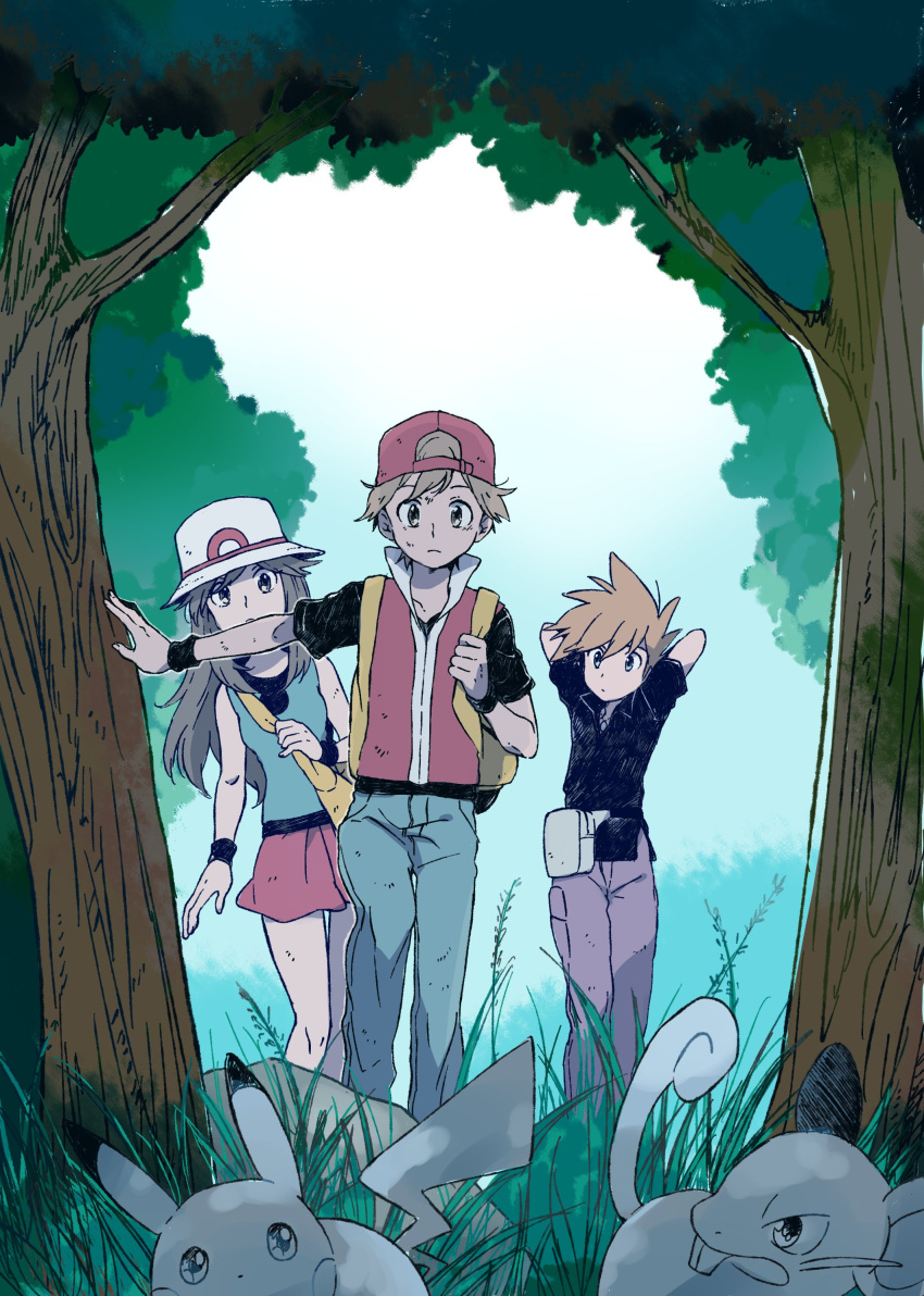 1girl 2boys absurdres backpack backwards_hat bag bangs baseball_cap black_shirt black_wristband blue_oak brown_hair closed_mouth collared_shirt day gen_1_pokemon grass hat highres holding_strap leaf_(pokemon) multiple_boys ochappa outdoors pants pikachu pokemon pokemon_(creature) pokemon_(game) pokemon_frlg purple_pants rattata red_(pokemon) red_headwear rock shirt short_sleeves shoulder_bag skirt sleeveless sleeveless_shirt spiked_hair standing tree white_headwear wristband yellow_bag