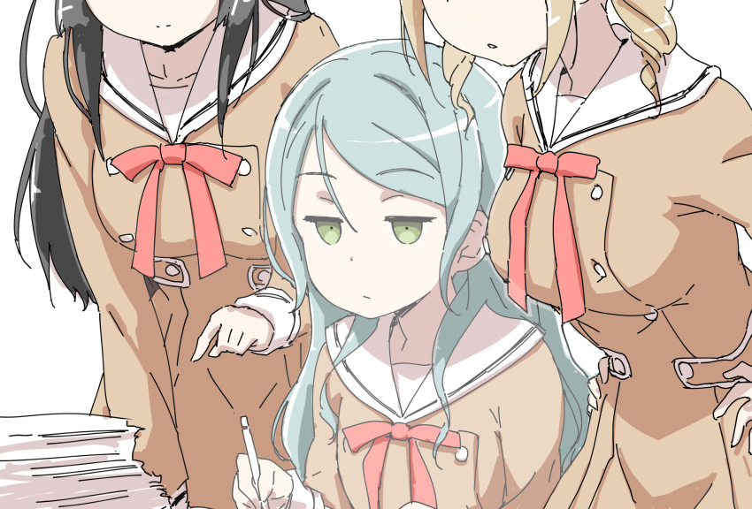 3girls akata_itsuki aqua_hair bang_dream! bangs black_hair blonde_hair breast_envy breasts brown_dress buttons closed_mouth color_drain commentary_request double-breasted dress empty_eyes eyebrows_visible_through_hair girl_sandwich green_eyes hair_between_eyes hanasakigawa_school_uniform hands_on_hips head_out_of_frame highres hikawa_sayo holding holding_pen ichigaya_arisa jitome large_breasts leaning_forward long_hair long_sleeves looking_down multiple_girls neck_ribbon paper_stack parted_lips pen red_neckwear ribbon sailor_dress sandwiched school_uniform shirokane_rinko sidelocks simple_background sitting sketch small_breasts solo_focus standing twintails upper_body white_background