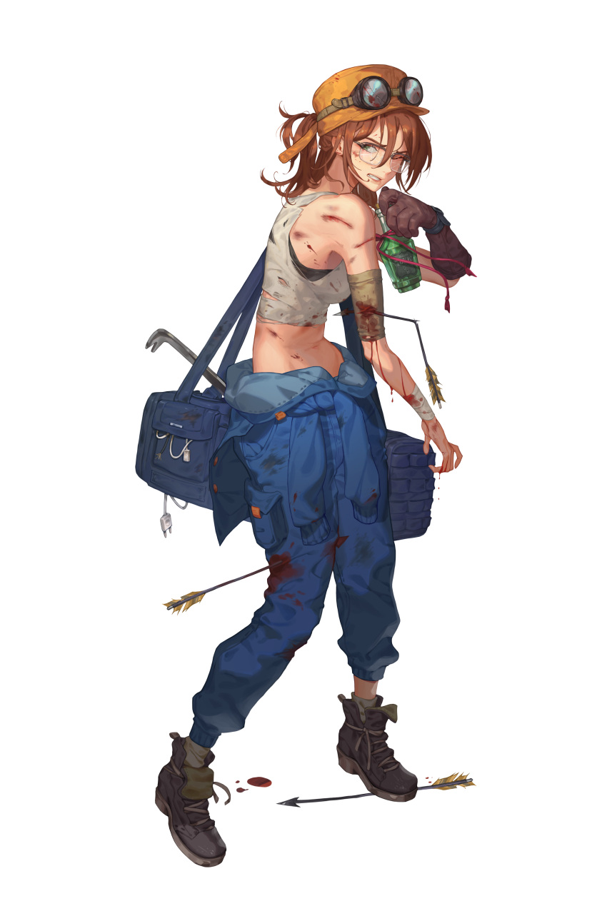 1girl absurdres arrow_(projectile) arrow_in_body bandaged_arm bandages bangs barbara_erlenwein bare_shoulders black_survival blood blood_on_arm bloody_clothes bloody_hands blue_bag blue_overalls boots bottle broken_eyewear broken_goggles brown_gloves brown_hair crop_top crowbar dayoungbyun from_side full_body glasses gloves goggles goggles_on_head green_eyes grey_footwear hair_between_eyes hat highres holding holding_bottle lips long_hair looking_at_viewer official_alternate_costume official_art one_eye_closed pain parted_lips pocket scratches single_glove sleeveless solo standing stomach torn_clothes transparent_background yellow_headwear