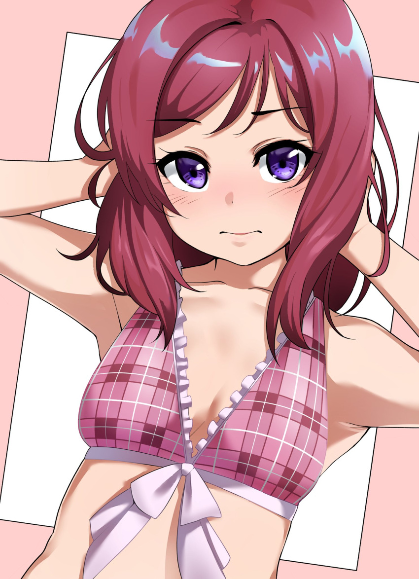1girl bikini blush bow breasts closed_mouth dot_nose embarrassed front-tie_bikini front-tie_top hands_in_hair hands_up highres igarashi_kyouhei looking_at_viewer love_live! love_live!_school_idol_project nishikino_maki pink_bikini purple_eyes red_hair small_breasts solo swimsuit upper_body white_bow