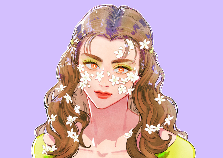 1girl eyeshadow flower green_shirt hair_flower hair_ornament heart heart-shaped_pupils highres long_hair looking_at_viewer makeup okada_(hoooojicha) orange_eyes original outline portrait purple_background shirt simple_background smile solo symbol-shaped_pupils white_flower white_outline