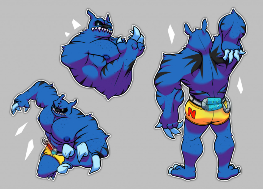abs action_pose activision anthro bareback biceps blue_body blue_eyes bottomwear claws clothing crash_bandicoot_(series) fur male muscular muscular_anthro muscular_male nipples pecs pose ratcicle shorts solo video_games virdemis