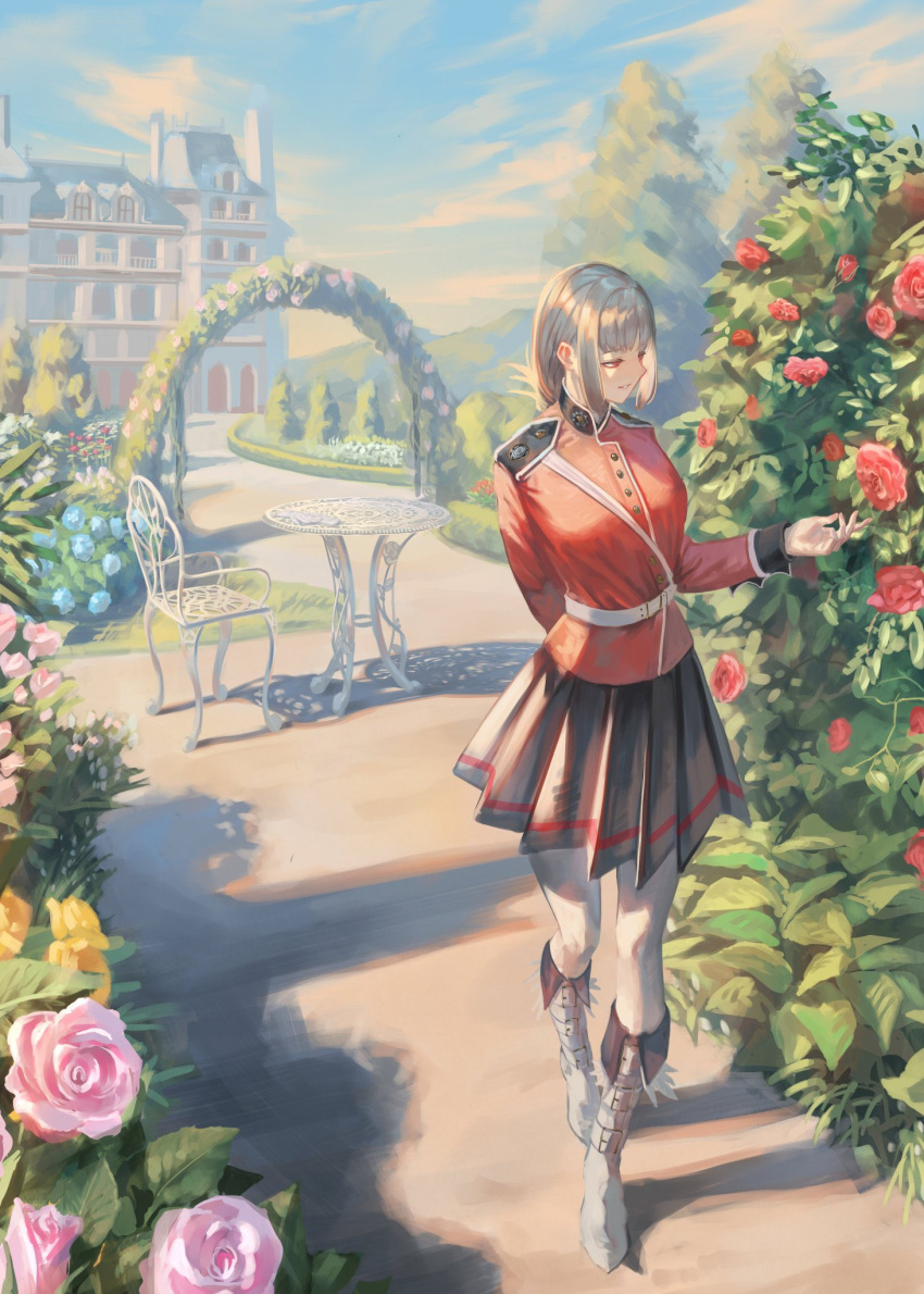 1girl alternate_hairstyle arch arm_behind_back bare_legs between_breasts black_skirt blue_flower blue_rose blue_sky boots breasts building buttons castle chair cloud cloudy_sky commentary eyelashes fate/grand_order fate_(series) florence_nightingale_(fate) flower full_body gloves hair_up hand_up highres jacket long_sleeves looking_to_the_side makitoshi0316 medium_breasts military military_uniform outdoors pink_flower pink_rose pleated_skirt red_eyes red_flower red_jacket red_rose rose rose_bush shadow skirt sky smile solo strap strap_between_breasts table thigh_boots thighhighs uniform white_footwear white_gloves white_hair yellow_flower yellow_rose