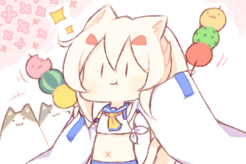 +++ 1girl :t animal animal_ear_fluff animal_ears ayanami_(azur_lane) azur_lane bangs blue_sailor_collar cat cat_ears cat_girl cat_tail chibi closed_mouth crop_top detached_sleeves eating food hair_between_eyes hair_ornament hairclip holding holding_food kemonomimi_mode long_sleeves midriff navel retrofit_(azur_lane) sailor_collar sakurato_ototo_shizuku shirt solo sparkle tail white_shirt white_sleeves wide_sleeves x_navel yellow_neckwear |_|