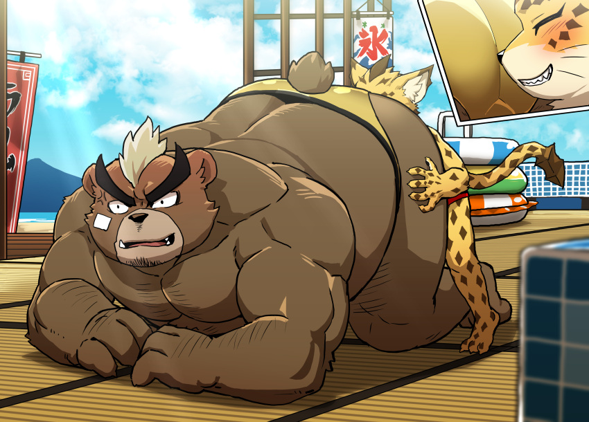 absurd_res anthro ashigara belly biceps big_butt blush butt butt_worship clothing duo embarrassed felid hi_res leopard male male/male mammal musclegut ose_(tas) overweight pantherine pecs size_difference speedo ssu_open swimwear tokyo_afterschool_summoners ursid video_games