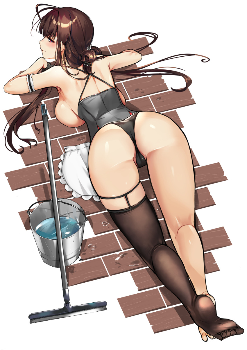 1girl absurdres alracoco antenna_hair apron ass back barefoot breasts brick_floor brown_hair bucket corset dsr-50_(girls_frontline) girls_frontline grey_background highres large_breasts lying maid maid_apron mop on_stomach red_eyes sideboob sidelocks single_thighhigh soles squeegee thighhighs thighs