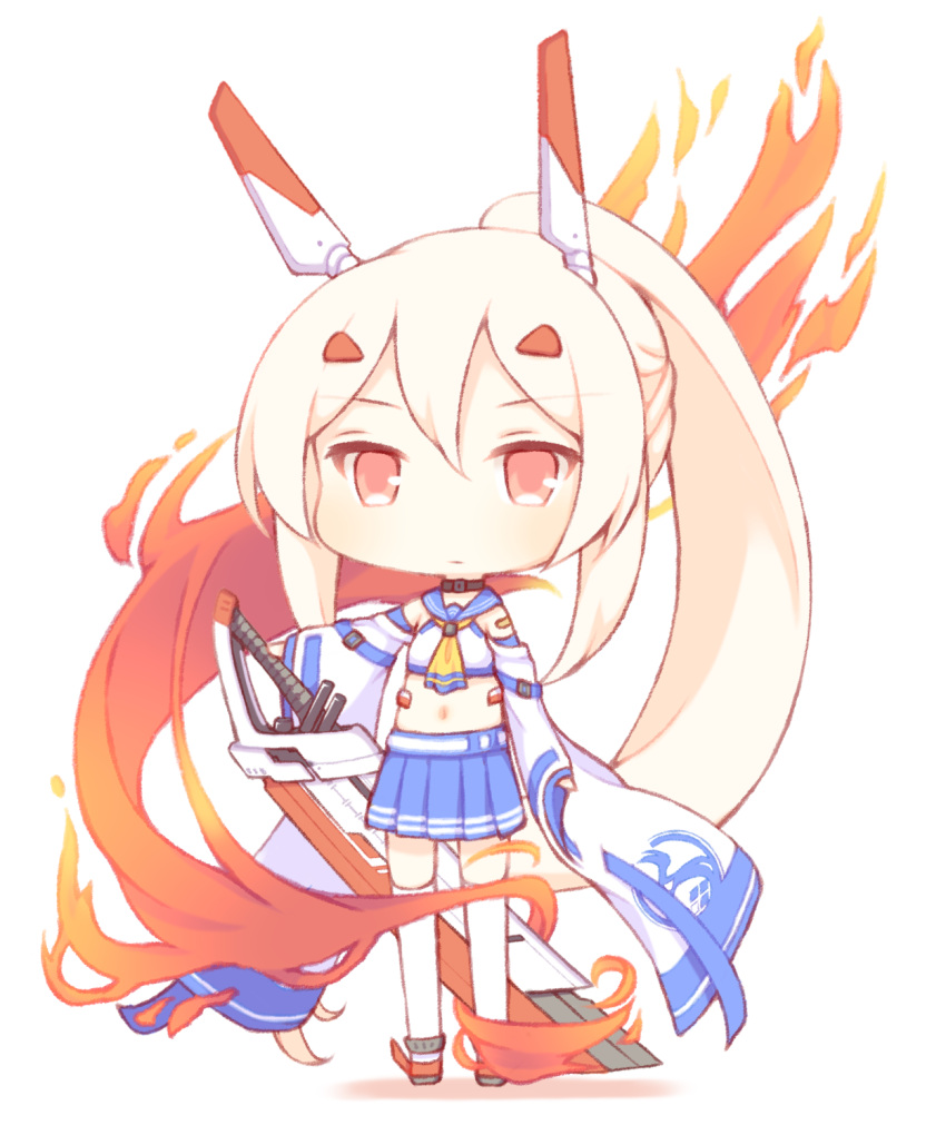 1girl ayanami_(azur_lane) azur_lane bangs blue_sailor_collar blue_skirt chibi crop_top detached_sleeves eyebrows_visible_through_hair fire full_body hair_between_eyes hair_ornament hairclip headgear highres holding holding_sword holding_weapon light_brown_hair long_hair long_sleeves midriff navel pleated_skirt ponytail red_eyes retrofit_(azur_lane) sailor_collar sakurato_ototo_shizuku shirt sidelocks skirt sleeveless sleeveless_shirt solo standing sword thighhighs very_long_hair weapon white_background white_legwear white_shirt white_sleeves wide_sleeves yellow_neckwear