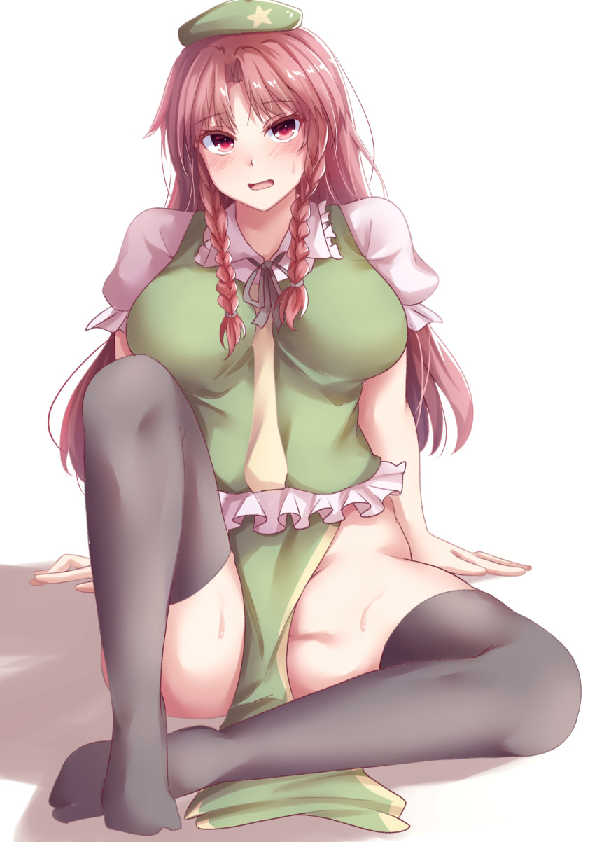 1girl bangs beret black_legwear black_ribbon blush braid breasts chinese_clothes collared_shirt colored_eyelashes frilled_shirt frills green_headwear green_vest groin hair_intakes hair_tie hat head_tilt highres hong_meiling knee_up large_breasts legs long_hair long_legs long_skirt looking_at_viewer mirufui neck_ribbon no_panties no_shoes parted_bangs pelvic_curtain puffy_short_sleeves puffy_sleeves red_eyes red_hair ribbon shiny shiny_hair shirt short_sleeves sidelighting simple_background sitting sitting_on_floor skirt skirt_set solo star_(symbol) star_print sweat sweatdrop taut_clothes taut_vest thighs touhou twin_braids very_long_hair vest white_background