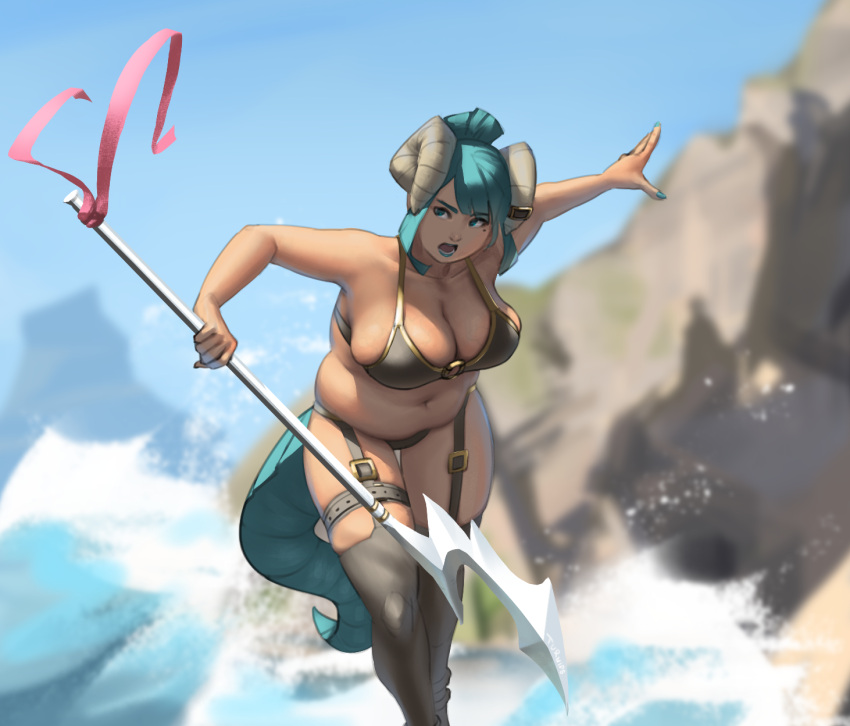 1girl armor big_belly bikini_armor black_legwear breasts cleavage curled_horns day dragon_girl dragon_tail english_commentary fat_folds fingernails garter_straps green_eyes green_hair green_lips green_nails green_tail hair_bun highres holding holding_spear holding_weapon horns large_breasts lysaris_(steamedturnips) mole mole_under_eye navel ocean original outdoors plump polearm ribbon skindentation solo spear steamedturnips tail thigh_strap thighhighs water waves weapon