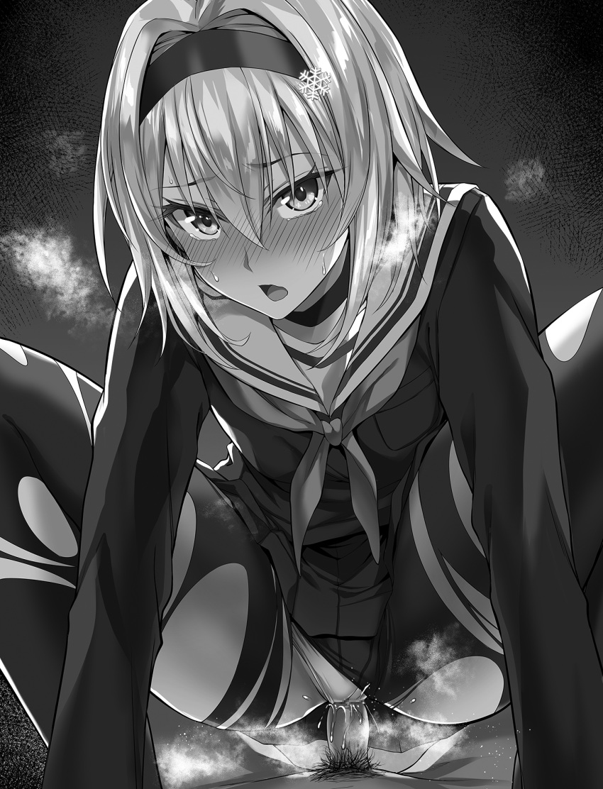 1boy 1girl black_hairband choker commentary_request cowgirl_position eyebrows_visible_through_hair girl_on_top greyscale hair_between_eyes hair_ornament hairband hetero highres ijima_yuu long_hair long_sleeves looking_at_viewer male_pubic_hair monochrome open_mouth panties panties_aside pantyhose pubic_hair ryuuou_no_oshigoto! sailor_collar school_uniform serafuku sex short_hair snowflake_hair_ornament solo_focus sora_ginko squatting_cowgirl_position straddling tears torn_clothes torn_legwear uncensored underwear vaginal