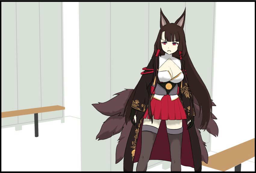 akagi_(azur_lane) angry animal_ears azur_lane black_legwear breasts brown_hair cleavage cleavage_cutout clenched_teeth clothing_cutout coat eyebrows_visible_through_hair fox_ears fox_tail highres large_breasts locker locker_room lords_of_the_locker_room open_clothes open_coat parallelrey red_eyes red_skirt skirt standing tail teeth van_darkholme