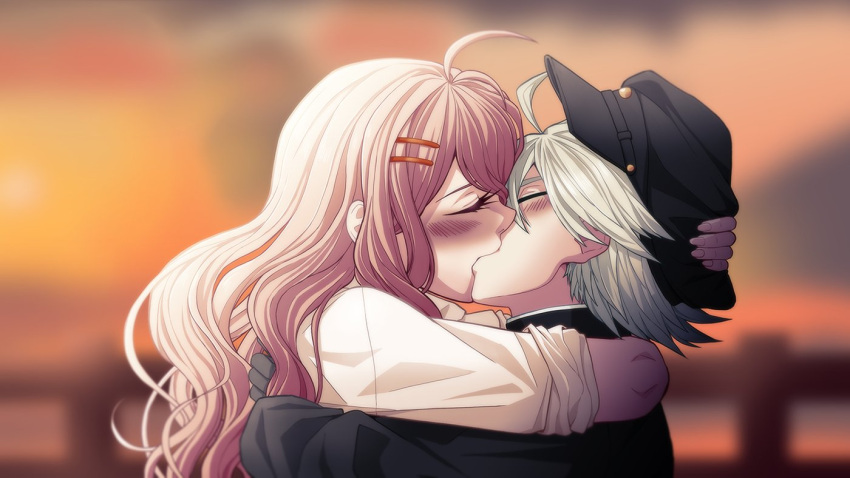 1boy 1girl ahoge bangs black_gloves black_headwear black_jacket blonde_hair blurry blurry_background blush cheer_(cheerkitty14) closed_eyes couple danganronpa_(series) danganronpa_v3:_killing_harmony english_commentary facing_another from_side gloves hair_ornament hairclip hat hetero hug iruma_miu jacket keebo kiss long_hair official_alternate_costume shirt short_hair upper_body white_hair white_shirt