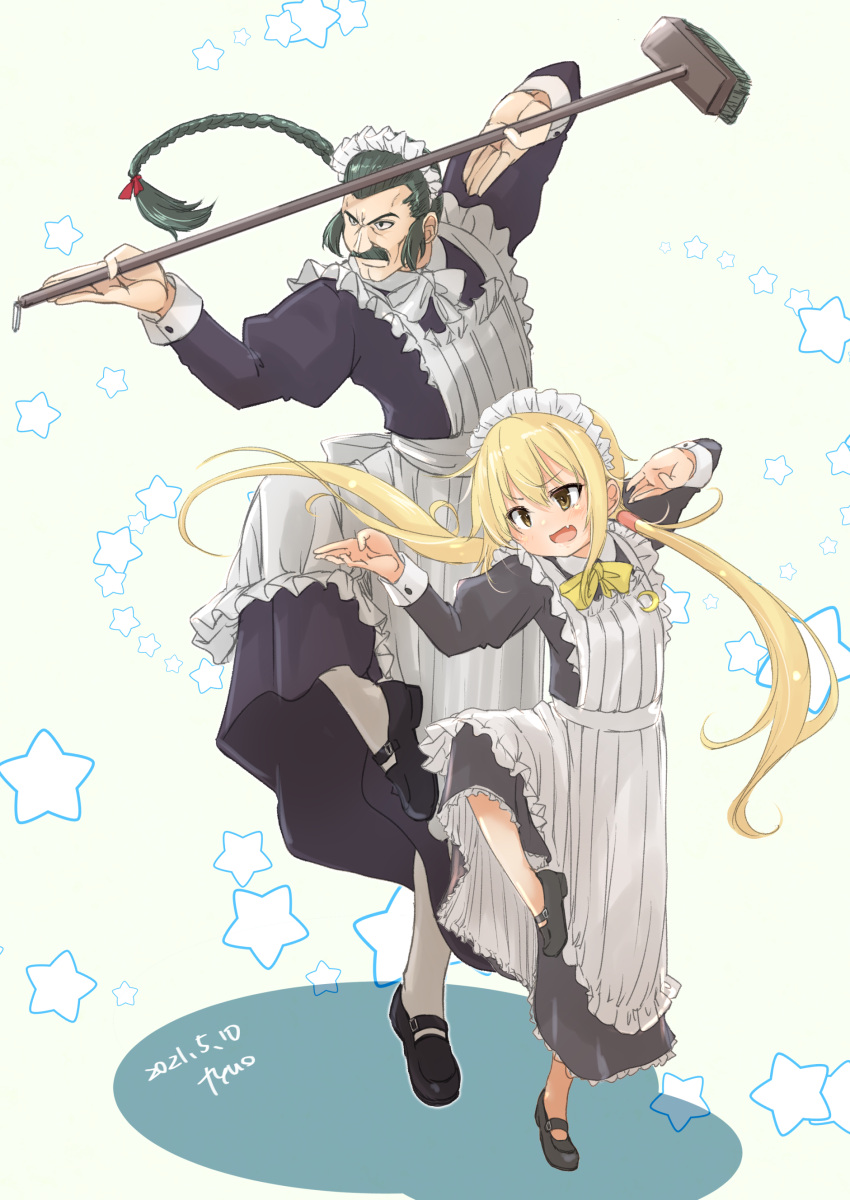 1boy 1girl absurdres alternate_costume apron black_dress black_hair blonde_hair braid cleaning_brush crossdressing crossover dress enmaided facial_hair fighting_stance frilled_apron frilled_dress frills full_body fyuo g_gundam gundam highres kantai_collection long_hair maid master_asia mustache pose satsuki_(kancolle) single_braid standing standing_on_one_leg starry_background twintails white_apron white_background yellow_eyes