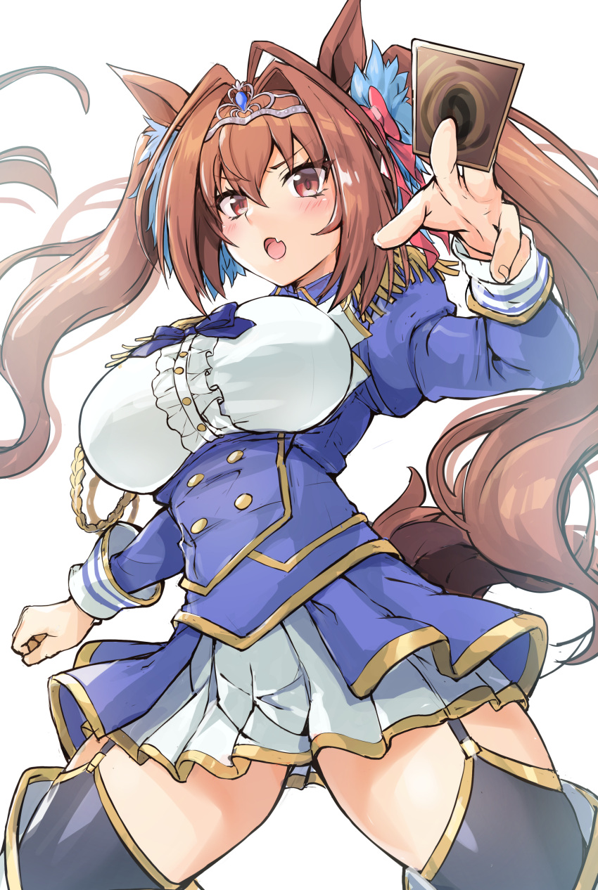 1girl absurdres aiguillette animal_ears bangs black_legwear blue_dress blush breasts brown_hair card center_frills daiwa_scarlet_(umamusume) dress epaulettes fang frills garter_straps hair_intakes hand_on_hip highres horse_ears horse_girl horse_tail index_finger_raised juliet_sleeves large_breasts layered_legwear layered_skirt long_hair long_sleeves looking_at_viewer open_mouth outstretched_arm playing_card puffy_sleeves red_eyes samoore skin_fang skirt tail thighhighs thighs tiara twintails umamusume underbust very_long_hair white_legwear white_skirt yu-gi-oh!