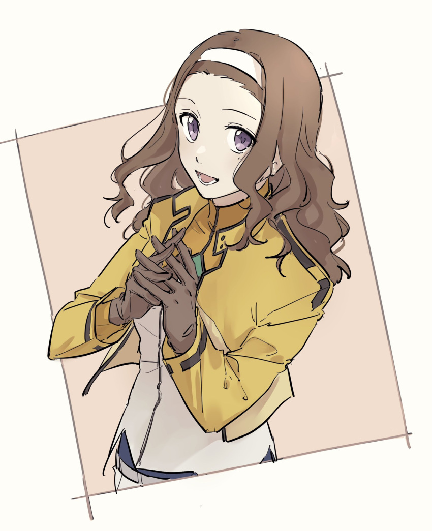 1girl breasts brown_gloves brown_hair celestial_being_uniform from_above gloves gundam gundam_00 gundam_00_a_wakening_of_the_trailblazer hairband hands_together highres jacket long_hair looking_at_viewer looking_up mileina_vashti nanao_parakeet open_mouth purple_eyes small_breasts smile solo white_hairband yellow_jacket