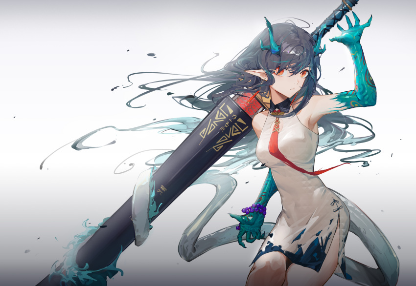 1girl absurdres arknights bare_shoulders black_hair breasts chinese_clothes closed_mouth dress dusk_(arknights) earrings hair_between_eyes highres horns jewelry long_hair looking_at_viewer multicolored_hair necktie piao_miao pointy_ears red_eyes solo streaked_hair sword tail weapon