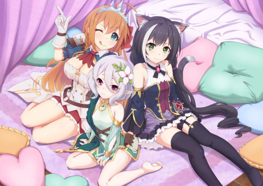 3girls ahoge animal_ears armor bare_shoulders black_hair blue_eyes braid breasts cat_ears cat_tail cleavage detached_sleeves dress flower gloves green_eyes hair_flower hair_ornament karyl_(princess_connect!) keepvalley kokkoro_(princess_connect!) large_breasts long_hair looking_at_viewer low_twintails multicolored_hair multiple_girls one_eye_closed orange_hair pecorine_(princess_connect!) pillow pointy_ears princess_connect! princess_connect!_re:dive red_eyes short_hair silver_hair skirt streaked_hair tail thigh_strap thighhighs tiara tongue tongue_out twintails very_long_hair white_hair