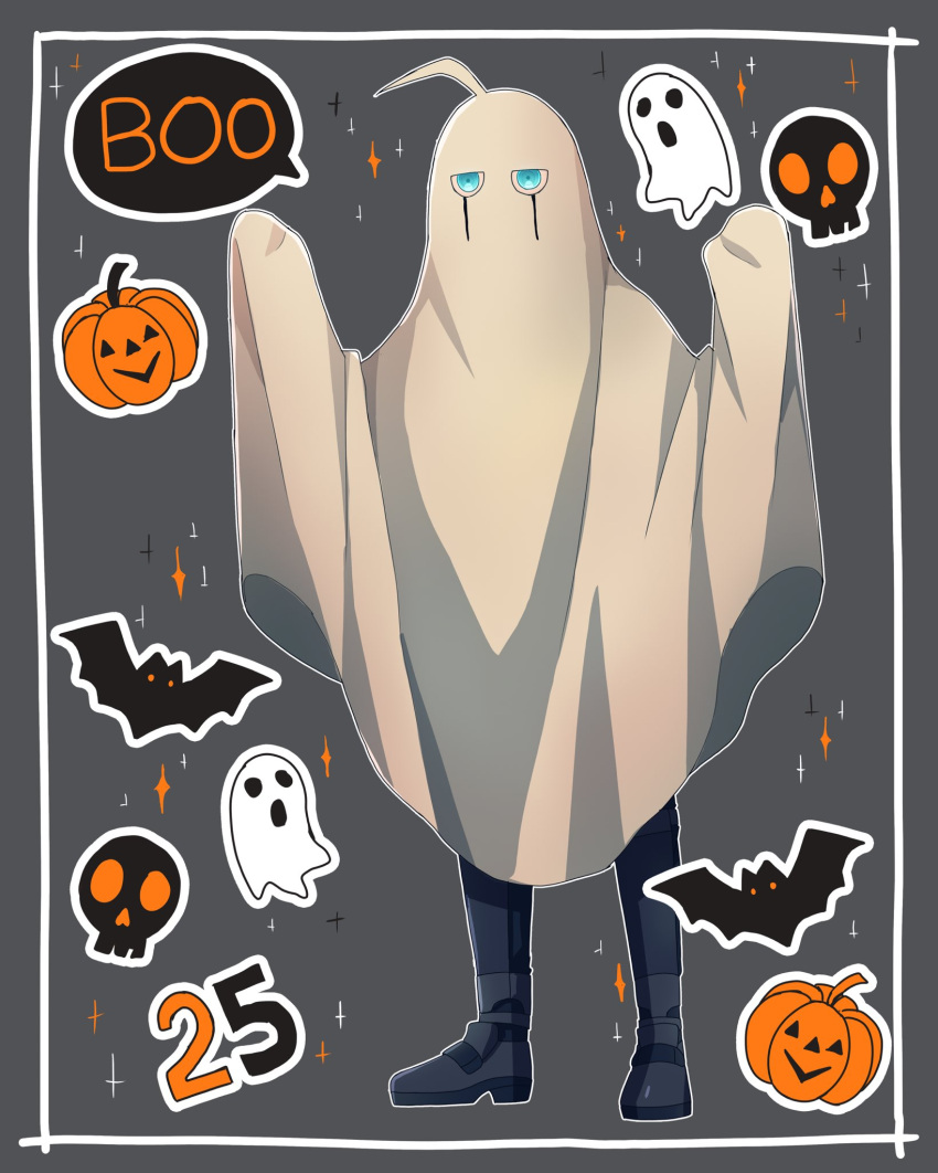 1boy ahoge android animal cat cheer_(cheerkitty14) danganronpa_(series) danganronpa_v3:_killing_harmony english_commentary ghost ghost_costume grey_background grey_eyes halloween hands_up highres jack-o'-lantern keebo looking_at_viewer no_humans pumpkin sparkle speech_bubble