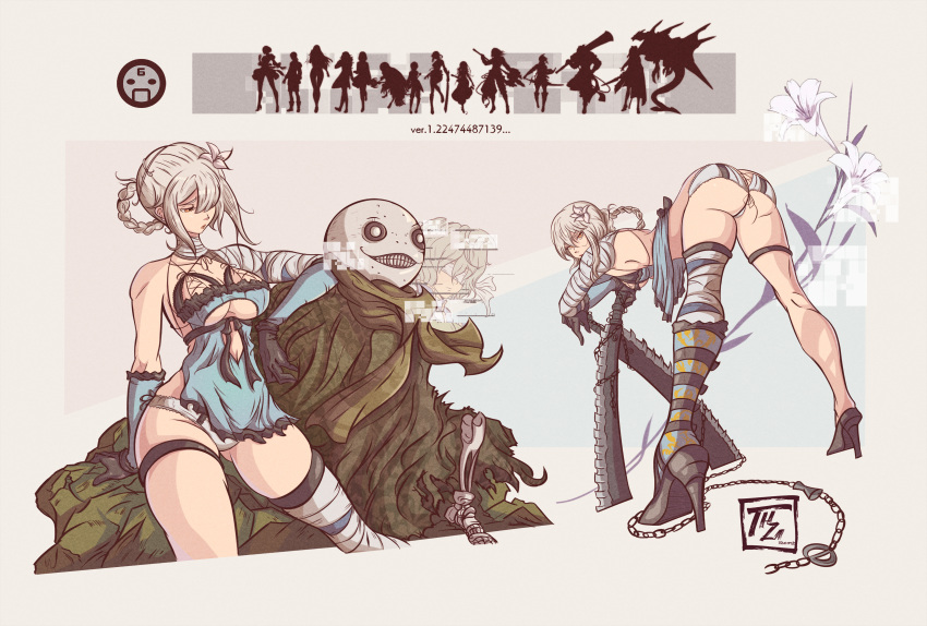 1girl absurdres ass bandaged_arm bandaged_leg bandaged_neck bandages bone braid breasts chain collage distortion dual_wielding emil_(nier) english_commentary flower glitch hair_flower hair_ornament hair_over_one_eye hair_rings hamza_touijri high_heels highres holding jagged_sword kaine_(nier) kneepits large_breasts lingerie lunar_tear negligee nier nier_(series) orchid panties planted_sword planted_weapon short_hair silhouette silver_hair single_braid solo_focus spaghetti_strap sword underboob underwear weapon white_panties