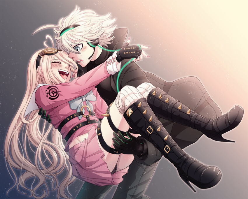 1boy 1girl :d ahoge antenna_hair bangs black_footwear black_gloves black_jacket black_panties blonde_hair blush boots bow cable carrying cheer_(cheerkitty14) closed_eyes danganronpa_(series) danganronpa_v3:_killing_harmony english_commentary gloves goggles goggles_on_head gradient gradient_background green_bow grey_eyes grey_pants happy headphones holding_another iruma_miu jacket keebo long_hair long_sleeves looking_down messy_hair o-ring open_mouth over-kneehighs panties pants pink_shirt pink_skirt princess_carry shirt skirt smile thighhighs underwear upper_teeth white_hair white_shirt