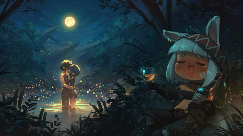 1boy 2girls :3 :d absurdres animal_ears bandeau bangs black_choker black_gloves blue_hair blunt_bangs blush bottle brown_hair bunny_ears bush choker closed_eyes commentary couple cup drinking_glass drunk ear_piercing english_commentary fireflies full_moon gloves grey_hair hetero highres kiss moon multiple_girls nature night night_sky nose_blush open_mouth original outdoors piercing pointy_ears pond porforever short_hair sky smile symbol_commentary tree wading water