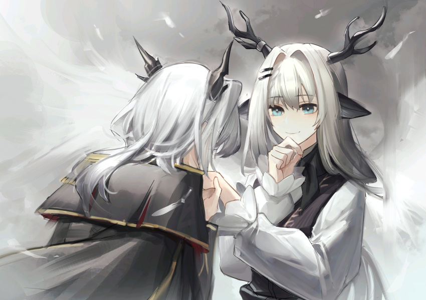 2girls alina_(arknights) animal_ears arknights black_cape black_vest blue_eyes cape chinese_commentary commentary deer_antlers deer_ears deer_girl dragon_horns eyebrows_visible_through_hair finger_to_own_chin grey_background grey_hair hair_intakes hand_kiss highres horns kiss long_hair looking_at_another luren_max multiple_girls shirt smile spoilers talulah_(arknights) upper_body vest white_shirt yuri