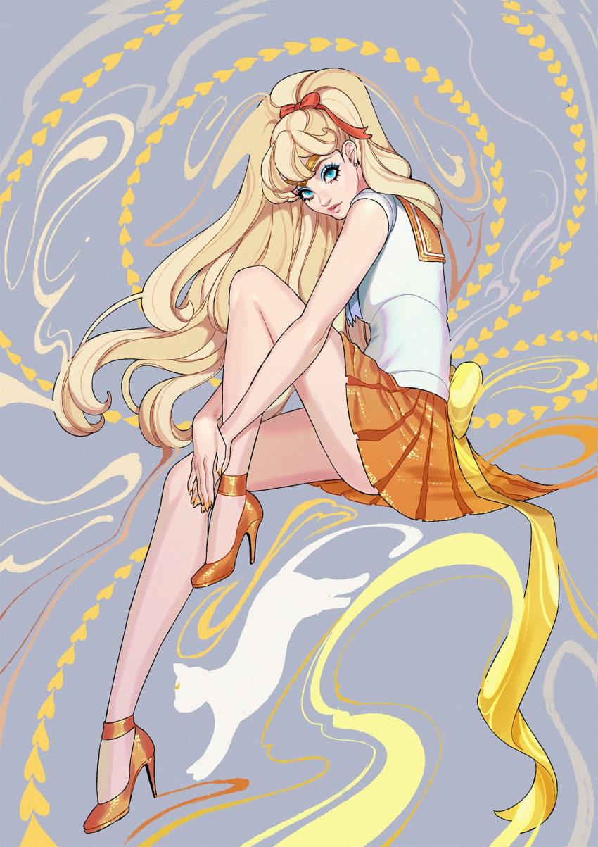 1girl aino_minako bishoujo_senshi_sailor_moon blonde_hair blue_eyes eyeshadow full_body heart high_heels highres invisible_chair knee_up long_hair looking_at_viewer makeup orange_footwear orange_sailor_collar orange_skirt oskar_vega pleated_skirt ponytail sailor_collar sailor_venus shirt short_sleeves sitting skirt solo very_long_hair white_shirt