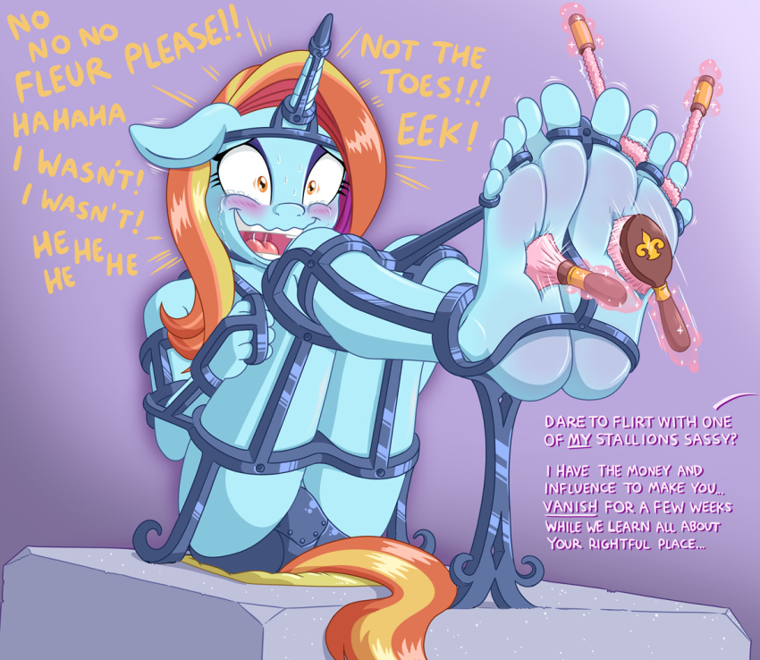 anthro anthrofied bdsm begging blush bodily_fluids bondage bondage_furniture bound brush caroo crying dialogue english_text equid equine feet foot_fetish friendship_is_magic hair hasbro horn horn_ring humanoid_feet laugh magic_inhibitor mammal my_little_pony orange_hair pleading saliva sassy_saddles_(mlp) shackles tears text tickle_fetish tickle_torture tickling unicorn