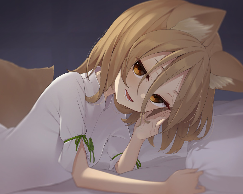 1girl animal_ear_fluff animal_ears bangs bed_sheet blonde_hair blurry blush breasts commentary_request depth_of_field eyebrows eyebrows_visible_through_hair eyelashes fox_ears fox_girl green_ribbon hair_between_eyes highres indoors kanpa_(campagne_9) kudamaki_tsukasa looking_at_viewer lying open_mouth pillow pillow_grab pov ribbon romper short_hair short_sleeves small_breasts touhou yellow_eyes