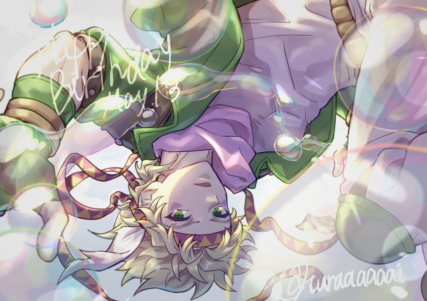 1boy absurdres artist_name battle_tendency birthday blonde_hair bubble caesar_anthonio_zeppeli commentary_request dated facial_mark feathers fingerless_gloves gargar gloves green_eyes green_gloves green_jacket hair_feathers happy_birthday headband highres jacket jojo_no_kimyou_na_bouken knee_pads knees_up male_focus pants pink_scarf scarf shirt short_hair solo triangle_print twitter_username upside-down white_pants white_shirt