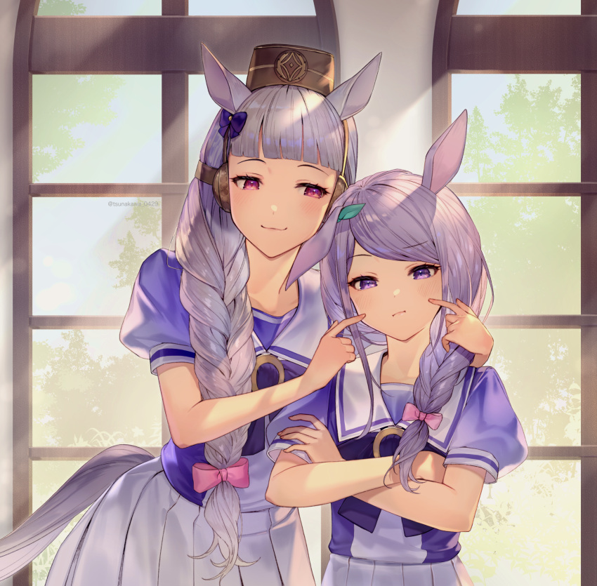 2girls :3 animal_ears aqua_ribbon bangs blush bow braid braided_ponytail brown_headwear commentary_request crossed_arms ear_ribbon eyebrows_visible_through_hair gold_ship_(umamusume) hair_bow hands_on_another's_cheeks hands_on_another's_face highres horse_ears horse_girl horse_tail indoors looking_at_another looking_at_viewer mejiro_mcqueen_(umamusume) multiple_girls pillbox_hat pink_bow pink_eyes puffy_short_sleeves puffy_sleeves purple_bow purple_eyes purple_hair purple_shirt ribbon shirt short_sleeves silver_hair skirt swept_bangs tail tsunakawa twintails umamusume upper_body vector_trace white_skirt