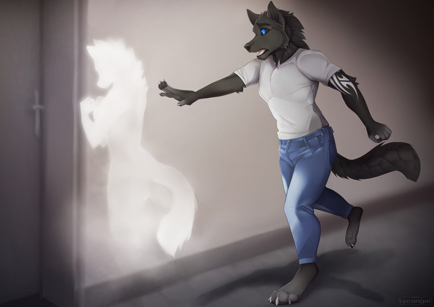 4_toes 5_fingers anthro black_body black_fur black_lips black_sclera blue_eyes canid canine canis clothed clothing feet fingers fur lips lycangel male mammal open_mouth teeth toes tongue wolf