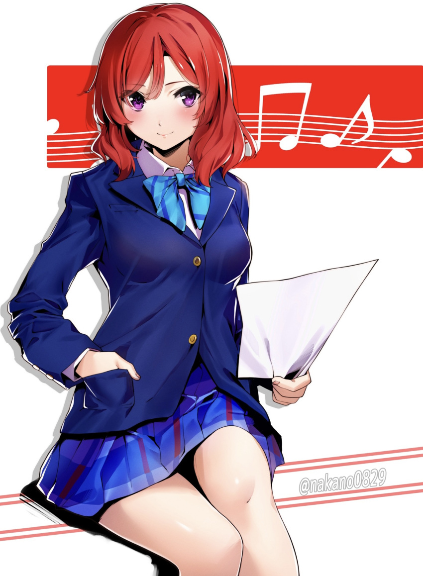 1girl blue_neckwear blue_skirt bow bowtie breasts closed_mouth eyebrows_visible_through_hair hand_in_pocket highres long_sleeves looking_at_viewer love_live! love_live!_school_idol_project medium_breasts musical_note nakano_maru nishikino_maki plaid plaid_skirt purple_eyes red_hair school_uniform short_hair skirt smile solo striped striped_neckwear thighs twitter_username