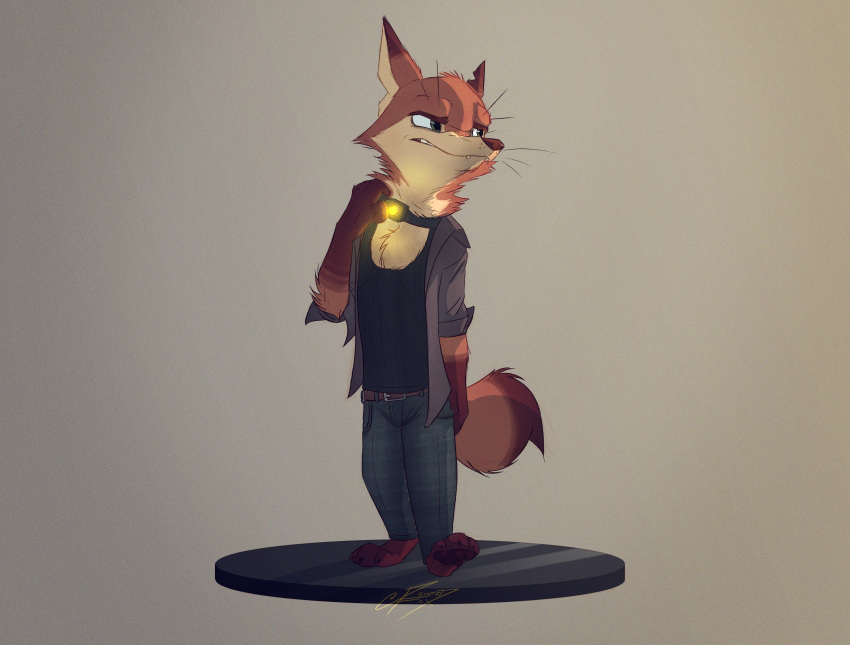 2021 absurd_res anthro barefoot belt canid canine clothed clothing collar feet fox fully_clothed fur hi_res light lighting male mammal pointedfox pointedfox_(character) shaded shock_collar signature solo standing whiskers