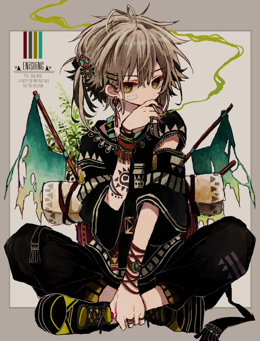 1girl azzz_(7334080) black_pants brown_eyes brown_hair cigarette crossed_legs earrings full_body hand_up highres jewelry original pants print_shirt shirt short_hair short_sleeves sitting smoke smoking solo