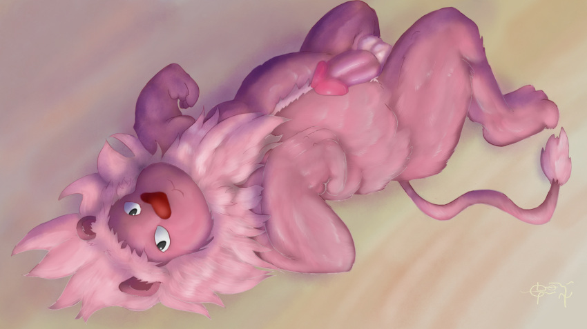 anthro cartoon_network erection felid fur genitals hair hi_res lion lion_(steven_universe) lying male mammal on_back pantherine penis pink_body pink_fur pink_hair slightly_chubby solo steven_universe sunset tail_tuft toggle tuft