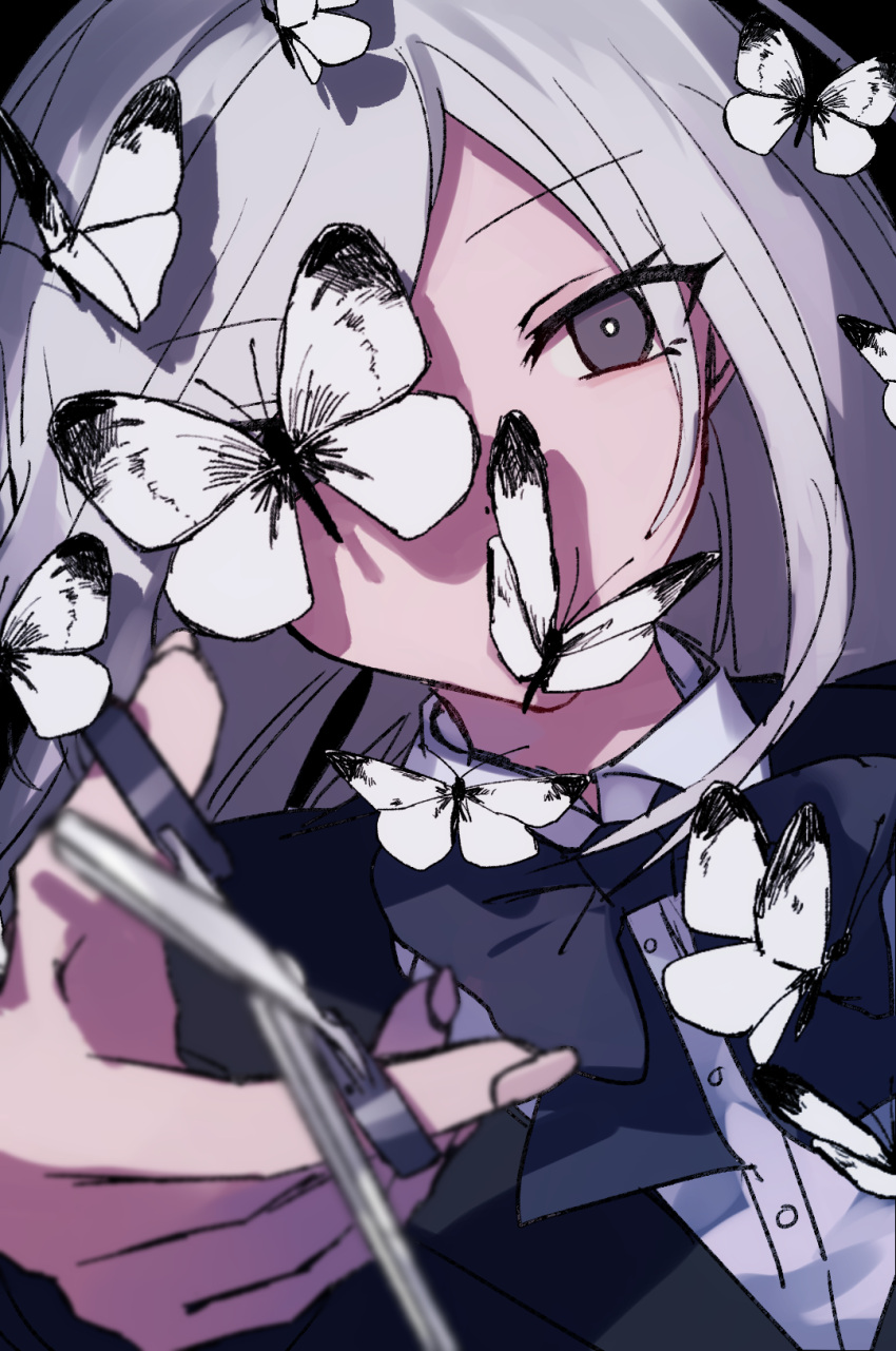 1girl bangs black_background blazer blue_bow blue_jacket blue_neckwear blurry blurry_foreground bow bowtie bright_pupils bug butterfly close-up collared_shirt commentary_request constricted_pupils covered_mouth danjou_sora depth_of_field dress_shirt dutch_angle eyes_visible_through_hair grey_eyes grey_nails hand_up highres holding holding_scissors insect jacket long_hair looking_at_viewer one_eye_covered original parted_bangs portrait scissors shadow shirt simple_background solo tsurime white_pupils white_shirt