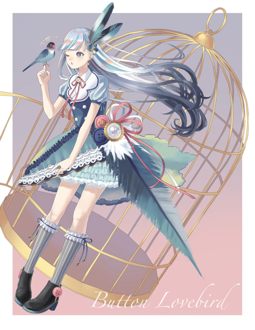 1girl :o ;d absurdres bangs bird bird_on_hand birdcage black_footwear blue_dress buttons cage dress earrings feathers frilled_dress frills full_body gradient gradient_background grey_legwear hair_feathers hair_ornament highres jewelry kneehighs long_hair lovebird one_eye_closed open_mouth original parakeet personification pink_ribbon red_pupils ribbon short_sleeves smile standing striped striped_legwear white_ribbon yuzor_a_rancia