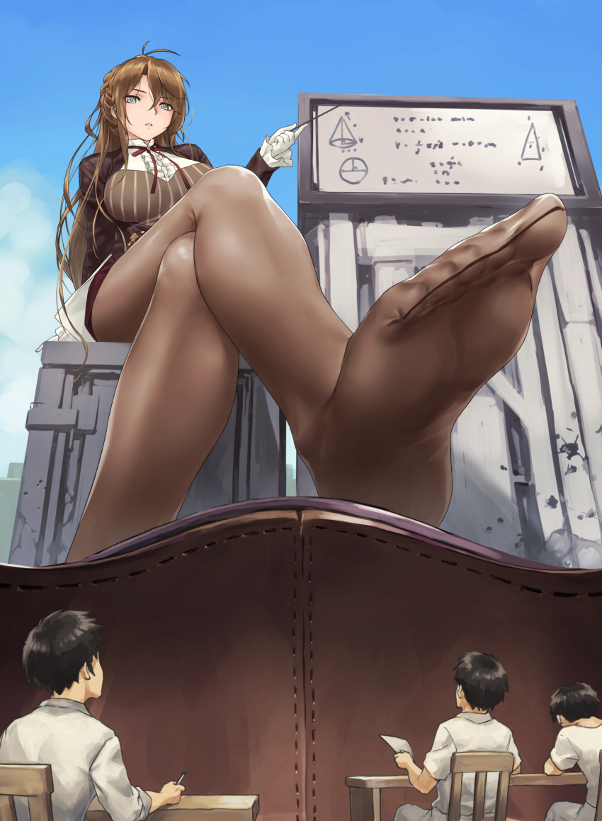 1girl 3boys absurdres billboard blue_eyes brown_corset brown_hair brown_jacket brown_legwear classroom crossed_legs feet giant giantess girls_frontline gloves highres jacket lee-enfield_(girls_frontline) long_hair long_sleeves multiple_boys outdoors pantyhose parted_lips pointer shirt shoes_removed sitting size_difference teaching teston white_gloves white_shirt