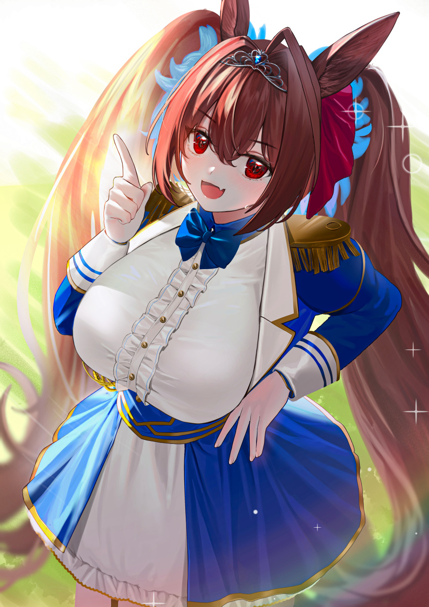 1girl :d absurdres almn_sk animal_ears blue_neckwear bow bowtie breasts daiwa_scarlet_(umamusume) epaulettes eyebrows_visible_through_hair fang hair_between_eyes hair_ribbon hand_on_hip highres horse_ears horse_girl index_finger_raised large_breasts long_hair looking_at_viewer open_mouth red_hair red_ribbon ribbon skin_fang smile solo tiara twintails umamusume uniform