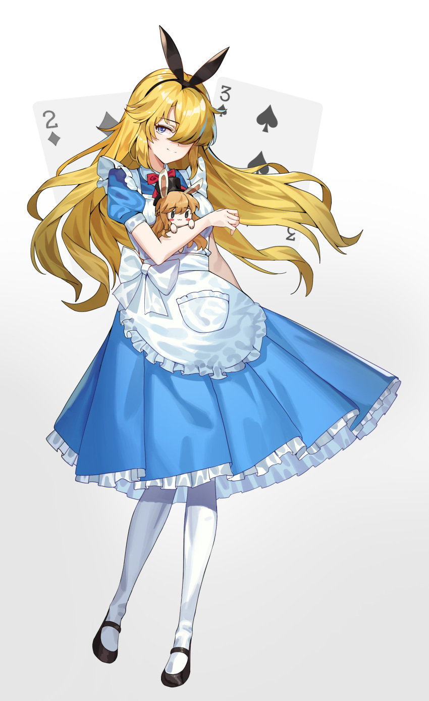 absurdres alice_(wonderland) alice_(wonderland)_(cosplay) alice_in_wonderland alternate_costume apron asymmetrical_bangs bangs blonde_hair blue_dress blue_eyes cosplay diamond_(shape) dress eyebrows_visible_through_hair full_body future_princess guardian_tales hairband highres holding long_hair looking_at_viewer nogong spade_(shape) white_background white_legwear