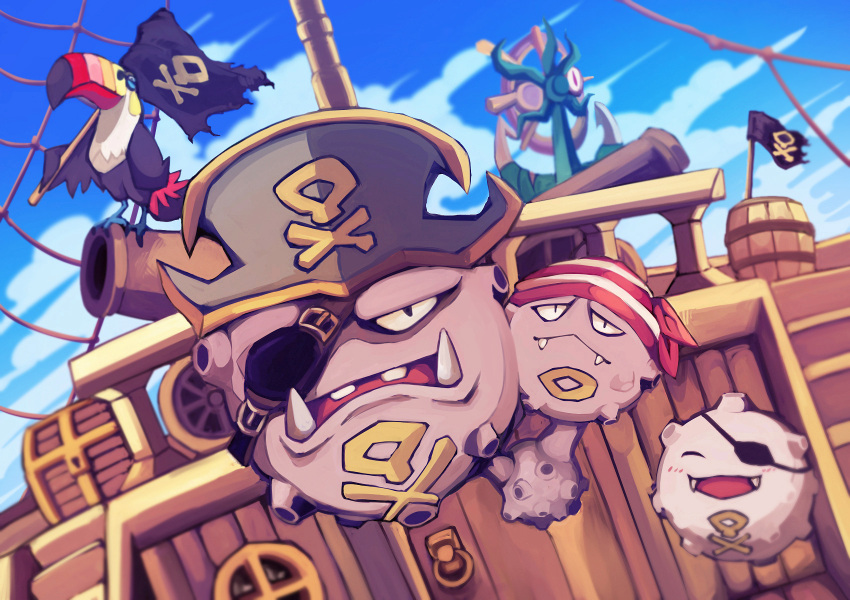 bandana barrel cloud commentary_request day dhelmise eyepatch fangs flag gen_1_pokemon gen_7_pokemon hat hatted_pokemon highres koffing levitate_(pokemon) no_humans open_mouth outdoors pirate pirate_hat pokemon pokemon_(creature) pokemon_ability ship sky smile toucannon watercraft weezing yottur