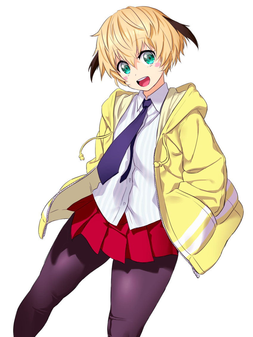1girl :d absurdres bangs black_hair black_legwear blonde_hair blue_neckwear blush_stickers breasts casual collared_shirt commentary_request cowboy_shot drawstring eyebrows_visible_through_hair fate/grand_order fate_(series) gareth_(fate) green_eyes hair_between_eyes hands_in_pockets head_tilt highres hood hood_down hooded_jacket jacket looking_at_viewer miniskirt multicolored_hair necktie onsoku_inu open_clothes open_jacket open_mouth pantyhose pleated_skirt red_footwear shirt short_hair sidelocks simple_background skirt small_breasts smile solo standing two-tone_hair upper_teeth white_background white_shirt yellow_jacket