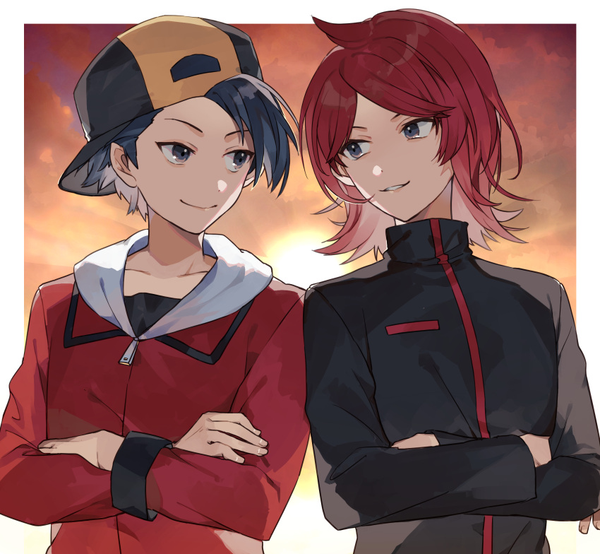 2boys ahoge backwards_hat black_eyes black_hair closed_mouth commission commissioner_upload ethan_(pokemon) grin hat high_collar highres jacket looking_at_another male_focus multiple_boys open_mouth pokemon pokemon_(game) pokemon_hgss purple_eyes red_hair short_hair silver_(pokemon) sky smile sunset syerii teeth