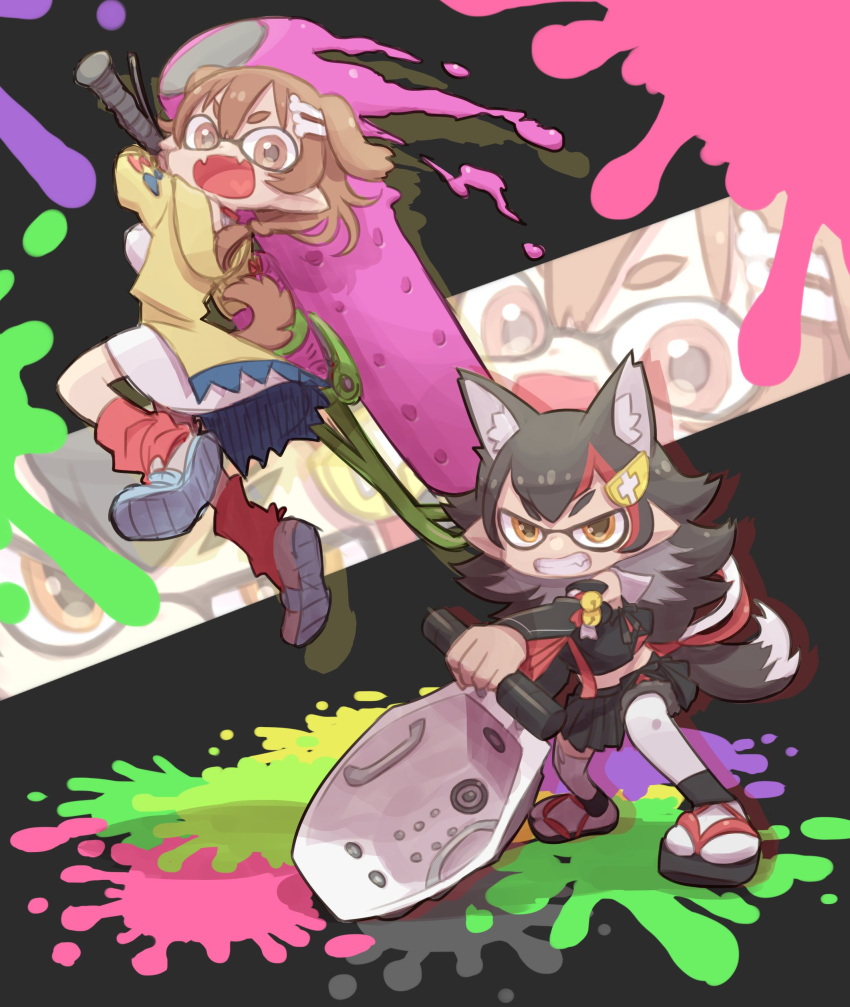 2girls absurdres animal_ears black_hair bone_hair_ornament cosplay dog_ears dog_girl dog_tail domino_mask fang fangs grin hair_ornament highres hololive hood inkling inkling_(cosplay) inugami_korone jacket mask multicolored_hair multiple_girls ookami_mio open_mouth paint_roller paint_splatter pleated_skirt red_hair sandals skin_fangs skirt smile socks splatoon_(series) tail thighhighs two-tone_hair virtual_youtuber wolf_ears wolf_girl wolf_tail yellow_jacket yoshida_on