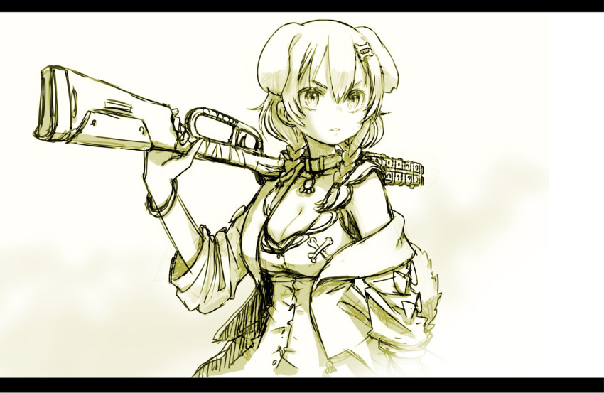 1girl animal_collar animal_ears bone_hair_ornament bracelet braid breasts cleavage collar commentary_request dog_ears dog_girl greyscale gun hair_ornament hololive inugami_korone jewelry large_breasts letterboxed monochrome off-shoulder_jacket rifle serious solo twin_braids upper_body virtual_youtuber weapon yoshida_on